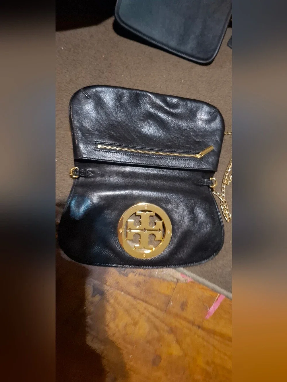 Tory Burch Black Leather Clutch with Gold Logo